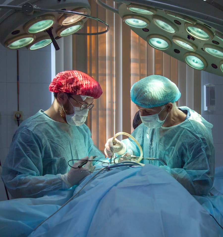 Surgeons examining medical device